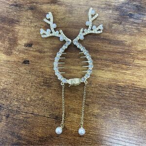 Gold Antler Hair Comb with Pearls Christmas Holiday